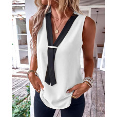 Contrast Paneled V-Neck Tank Top - white