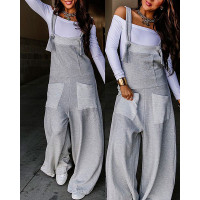 Contrast Paneled Wide Leg Suspender Jumpsuit - light gray