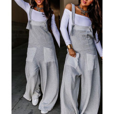 Contrast Paneled Wide Leg Suspender Jumpsuit - light gray