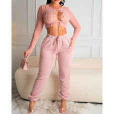 Contrast Piping Lace-up Crop Top & Drawstring Pants Set - pink