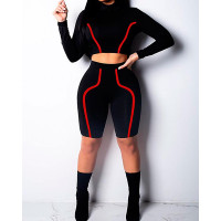 Contrast Piping Long Sleeve Sporty Tracksuits - black