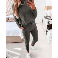 Contrast Piping Top & Drawstring Pants Set - Dark grey