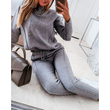 Contrast Piping Top & Drawstring Pants Set - gray