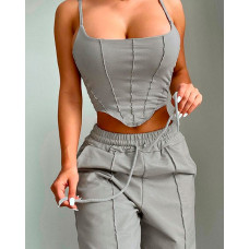 Contrast Piping Top & Drawstring Pants Set - light gray