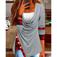 Contrast Plaid Draped Detail Long Sleeve Top - gray