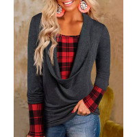 Contrast Plaid Fake Two-Piece Long Sleeve Top - gray