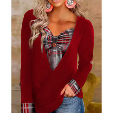 Contrast Plaid Fake Two-Piece Long Sleeve Top - red