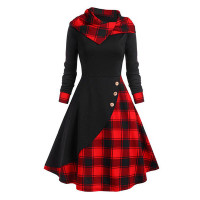 Contrast Plaid Hooded Long Sleeve Casual Dress - red