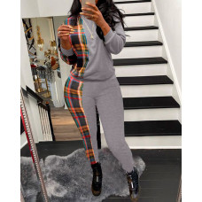 Contrast Plaid Long Sleeve Casual Top & Pants Set - gray