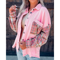 Contrast Plaid Long Sleeve Shacket - pink