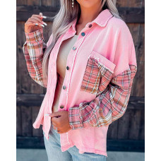 Contrast Plaid Long Sleeve Shacket - pink