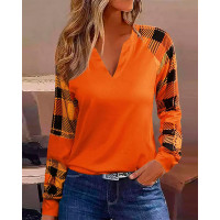 Contrast Plaid Long Sleeve Top - orange