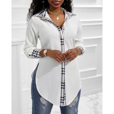 Contrast Plaid Side Slit Button Down Shirt - white