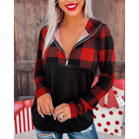 Contrast Plaid Zip Front Long Sleeve Casual Hoodie - red