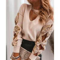 Contrast Sequin Bow Decor Long Sleeve Ribbed Top - Apricot