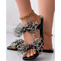Contrast Sequin Bowknot Design Slippers Summer Sandals - black
