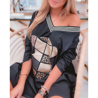 Contrast Sequin Cartoon Pattern Long Sleeve Casual Dress - black