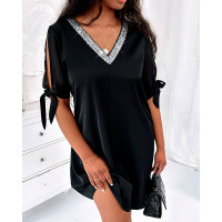 Contrast Sequin Cold Shoulder Casual Dress - black