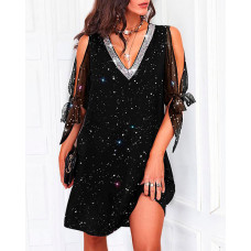 Contrast Sequin Cold Shoulder Glitter Casual Dress - black