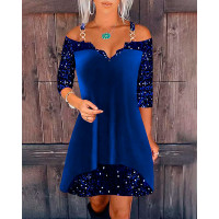 Contrast Sequin Cold Shoulder Velvet Casual Dress - blue