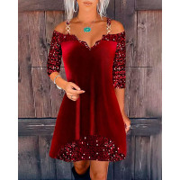 Contrast Sequin Cold Shoulder Velvet Casual Dress - red