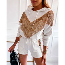 Contrast Sequin Drop Shoulder Drawstring Hoodie & Shorts Set - white