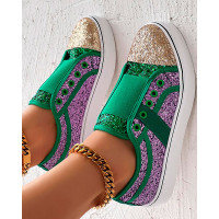 Contrast Sequin Eyelet Slip-On Sneakers - green Contrast Sequin Eyelet Slip-On Sneakers - green