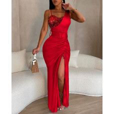 Contrast Sequin High Slit Drawstring Maxi Dress - red