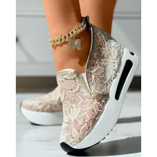 Contrast Sequin Lace Slip On Muffin Sneakers - gold&white