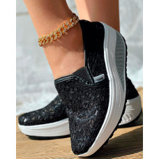 Contrast Sequin Lace Slip-on Sneakers - black