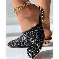 Contrast Sequin Lace Slipper Loafers - black