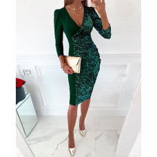 Contrast Sequin Long Sleeve Midi Dress - green