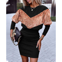 Contrast Sequin Long Sleeve Ribbed Casual Dress - black