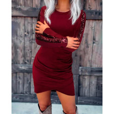 Contrast Sequin Long Sleeve Ruched Casual Dress - Wine red