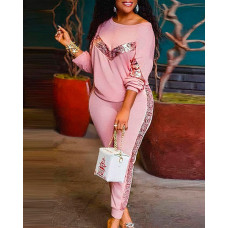 Contrast Sequin Long Sleeve Top & Pants Set - pink