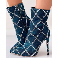 Contrast Sequin Side Zipper Stiletto Heel Ankle Boots - blue