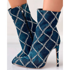 Contrast Sequin Side Zipper Stiletto Heel Ankle Boots - blue