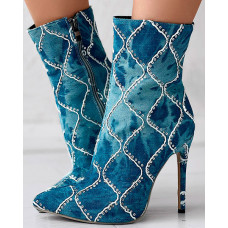 Contrast Sequin Side Zipper Stiletto Heel Ankle Boots - light blue