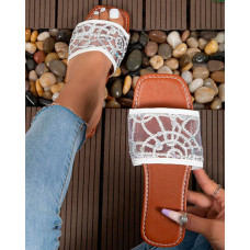 Contrast Sequin Wide Strap Mesh Slippers - silver