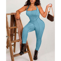 Contrast Stitching Halter Backless Skinny Jumpsuit - Lighted Blue