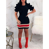 Contrast Striped Ruffles Sleeve Sheath Mini Dress - black