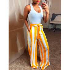 Contrast Striped Tie Waist Wide Leg Pants - yellow