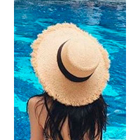 Contrast Tape Wide Brim Raw Hem Straw Hat - black