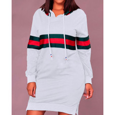 Contrast Wide Stripes Slit Hooded Sweatshirt Dress - white,black