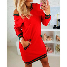 Contrsat Binding Pocket Design Sweatshirt Dress - red