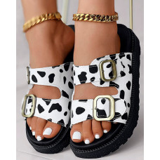 Cow Print Buckled Double Strap Slippers Outdoor Sandals - blackwhite