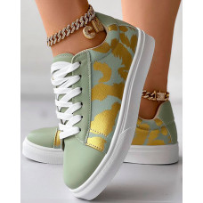 Cow Print Lace-up Casual Sneakers - green