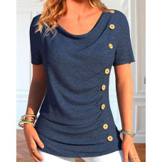 Cowl Neck Buttoned Ruched Top - dark blue