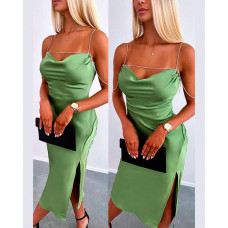 Cowl Neck Chain Strap Slit Evening Dress - green