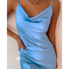 Cowl Neck Spaghetti Strap High Slit Satin Dress - blue